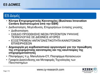 Page  16 
www.cy-research.com 
Ε5 ΔΟΜΕΣ 
E5 Δομές 
• Κέντρα Επιχειρηματικής Καινοτομίας (Business Innovation 
Centers διαπιστευμένα από την ΕΒΝ) 
• Διεθνοποίηση, Μεγένθυνση, Επιχειρήσεων έντασης γνώσης 
• Διεθνοποίηση 
• ΣΧΕΔΙΟ ΠΡΟΩΘΗΣΗΣ ΝΕΩΝ ΠΡΟΪΟΝΤΩΝ ΥΨΗΛΗΣ 
ΤΕΧΝΟΛΟΓΙΑΣ ΣΕ ΔΙΕΘΝΕΙΣ ΑΓΟΡΕΣ 
• ΕΞΩΣΤΡΕΦΕΙΑ/ ΑΝΤΑΓΩΝΙΣΤΙΚΟΤΗΤΑ ΚΑΙΝΟΤΟΜΩΝ 
ΕΠΙΧΕΙΡΗΣΕΩΝ 
• Δημιουργία μη κερδοσκοπικού οργανισμού για την προώθηση 
της επιχειρηματικής καινοτομίας και της κουλτούρας της 
επιχειρηματικότητας 
• Πλατφόρμες π.χ. Manufuture-CY, Πλατφόρμα Κατασκευών 
• Γραφεία Διασύνδεσης και Μεταφοράς Τεχνολογίας των 
Πανεπιστημίων 
 