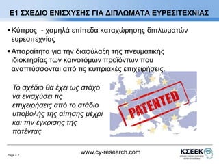 Ε1 ΣΧΕΔΙΟ ΕΝΙΣΧΥΣΗΣ ΓΙΑ ΔΙΠΛΩΜΑΤΑ ΕΥΡΕΣΙΤΕΧΝΙΑΣ 
 Κύπρος - χαμηλά επίπεδα καταχώρησης διπλωματών 
ευρεσιτεχνίας 
 Απαραίτητα για την διαφύλαξη της πνευματικής 
ιδιοκτησίας των καινοτόμων προϊόντων που 
αναπτύσσονται από τις κυπριακές επιχειρήσεις. 
Το σχέδιο θα έχει ως στόχο 
να ενισχύσει τις 
επιχειρήσεις από το στάδιο 
υποβολής της αίτησης μέχρι 
και την έγκρισης της 
πατέντας 
Page  7 
www.cy-research.com 
 