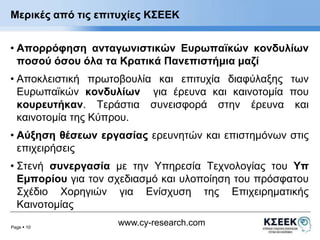 Μερικές από τις επιτυχίες ΚΣΕΕΚ 
• Απορρόφηση ανταγωνιστικών Ευρωπαϊκών κονδυλίων 
ποσού όσου όλα τα Κρατικά Πανεπιστήμια μαζί 
• Αποκλειστική πρωτοβουλία και επιτυχία διαφύλαξης των 
Ευρωπαϊκών κονδυλίων για έρευνα και καινοτομία που 
κουρευτήκαν. Τεράστια συνεισφορά στην έρευνα και 
καινοτομία της Κύπρου. 
• Αύξηση θέσεων εργασίας ερευνητών και επιστημόνων στις 
επιχειρήσεις 
• Στενή συνεργασία με την Υπηρεσία Τεχνολογίας του Υπ 
Εμπορίου για τον σχεδιασμό και υλοποίηση του πρόσφατου 
Σχέδιο Χορηγιών για Ενίσχυση της Επιχειρηματικής 
Καινοτομίας 
Page  10 
www.cy-research.com 
 