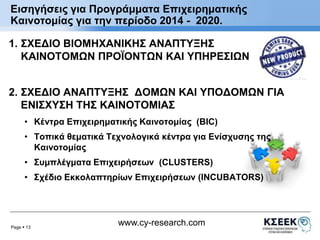 Εισηγήσεις για Προγράμματα Επιχειρηματικής 
Καινοτομίας για την περίοδο 2014 - 2020. 
1. ΣΧΕΔΙΟ ΒΙΟΜΗΧΑΝΙΚΗΣ ΑΝΑΠΤΥΞΗΣ 
ΚΑΙΝΟΤΟΜΩΝ ΠΡΟΪΟΝΤΩΝ ΚΑΙ ΥΠΗΡΕΣΙΩΝ 
2. ΣΧΕΔΙΟ ΑΝΑΠΤΥΞΗΣ ΔΟΜΩΝ ΚΑΙ ΥΠΟΔΟΜΩΝ ΓΙΑ 
ΕΝΙΣΧΥΣΗ ΤΗΣ ΚΑΙΝΟΤΟΜΙΑΣ 
• Κέντρα Επιχειρηματικής Καινοτομίας (BIC) 
• Τοπικά θεματικά Τεχνολογικά κέντρα για Ενίσχυσης της 
Page  13 
www.cy-research.com 
Καινοτομίας 
• Συμπλέγματα Επιχειρήσεων (CLUSTERS) 
• Σχέδιο Εκκολαπτηρίων Επιχειρήσεων (INCUBATORS) 
 