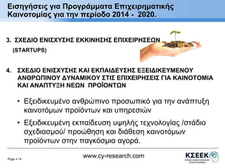 Εισηγήσεις για Προγράμματα Επιχειρηματικής 
Καινοτομίας για την περίοδο 2014 - 2020. 
3. ΣΧΕΔΙΟ ΕΝΙΣΧΥΣΗΣ ΕΚΚΙΝΗΣΗΣ ΕΠΙΧΕΙΡΗΣΕΩΝ 
Page  14 
www.cy-research.com 
(STARTUPS) 
4. ΣΧΕΔΙΟ ΕΝΙΣΧΥΣΗΣ ΚΑΙ ΕΚΠΑΙΔΕΥΣΗΣ ΕΞΕΙΔΙΚΕΥΜΕΝΟΥ 
ΑΝΘΡΩΠΙΝΟΥ ΔΥΝΑΜΙΚΟΥ ΣΤΙΣ ΕΠΙΧΕΙΡΗΣΕΙΣ ΓΙΑ ΚΑΙΝΟΤΟΜΙΑ 
ΚΑΙ ΑΝΑΠΤΥΞΗ ΝΕΩΝ ΠΡΟΪΟΝΤΩΝ 
• Εξειδικευμένο ανθρώπινο προσωπικό για την ανάπτυξη 
καινοτόμων προϊόντων και υπηρεσιών 
• Εξειδικευμένη εκπαίδευση υψηλής τεχνολογίας /στάδιο 
σχεδιασμού/ προώθηση και διάθεση καινοτόμων 
προϊόντων στην παγκόσμια αγορά. 
 