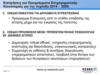 Εισηγήσεις για Προγράμματα Επιχειρηματικής 
Καινοτομίας για την περίοδο 2014 - 2020. 
5. ΣΧΕΔΙΟ ΕΝΙΣΧΥΣΗΣ ΓΙΑ ΔΙΠΛΩΜΑΤΑ ΕΥΡΕΣΙΤΕΧΝΙΑΣ 
• Πρόγραμμα Ενίσχυσης από το στάδιο υποβολής της 
6. ΣΧΕΔΙΟ ΠΡΟΩΘΗΣΗΣ ΝΕΩΝ ΠΡΟΪΟΝΤΩΝ ΨΗΛΗΣ ΤΕΧΝΟΛΟΓΙΑΣ 
ΣΕ ΔΙΕΘΝΕΙΣ ΑΓΟΡΕΣ 
• Δημιουργία ‘virtual offices’, υπηρεσίες επιχειρηματικής 
• Συμμετοχή σε εκθέσεις & συνέδρια, διοργάνωση 
Page  15 
αίτησης μέχρι και την έγκρισης της πατέντας. 
ανάπτυξης και διασύνδεσης, επικοινωνιακές εκστρατείες) 
επιχειρηματικών αποστολών, προβολή στην Κύπρο των 
δράσεων των Κυπριακών καινοτόμων επιχειρήσεων) 
www.cy-research.com 
 