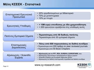 Μέλη ΚΣΕΕΚ - Στατιστικά 
Page  6 
• 20% εργοδοτουμένων με διδακτορικό 
• 70% με μεταπτυχιακό 
• 10% με πτυχίο 
www.cy-research.com 
Επιστημονικό Ερευνητικό 
Προσωπικό 
• > 15Μ ευρώ επενδύσεις με ιδία χρηματοδότηση 
• > 200 ερευνητών εργάζονται στις υποδομές αυτές 
Ερευνητικές Υποδομές 
• Περισσότερες από 50 διεθνείς πατέντες 
• Περισσότερα από 30 εμπορικά σήματα 
Πατέντες Εμπορικά Σήματα 
• Πάνω από 600 παρουσιάσεις σε διεθνή συνέδρια 
• Περισσότερα από 200 άρθρα σε peer reviewed journals 
• Περισσότερα από 50 Βοοk Chapters 
Επιστημονικές 
Δημοσιεύσεις 
• Αξιολογητές για το FP7, REA, EUREKA, EUROSTARS, κ.α. 
• Αξιολογητές ερευνητικών προγραμμάτων άλλων χωρών 
• Scientific Experts για European Agencies (EDA) 
• Αξιολογητές σε διεθνή επιστημονικά περιοδικά και διεθνή συνέδρια 
Αξιολογητές / Scientific 
Experts 
 