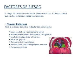 FACTORES DE RIESGO
El riesgo de caries de un individuo puede variar con el tiempo puesto
que muchos factores de riesgo son variables.


• Físicos y biológicos
Para la caries de esmalte o radicular están implicados:

     Inadecuado flujo y componente salival
     Aumento del número de bacterias cariogénicas
     Insuficiente exposición a fluoruros
     Recesión gingival
     Componente inmunológico
     Necesidad de cuidado especiales de salud
     Factores genéticos
 