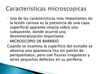Una de las características más importantes de
la lesión cariosa es la presencia de una capa
superficial aparente intacta sobre una
subyacente, donde ocurrió una
desmineralización importante.
• MICROSCOPIO DE BARRIDO
Cuando se examina la superficie del esmalte se
observa una apariencia lisa sin patrón de
periquematos, pero con fisuras irregulares y
otros pequeños defectos en su periferia.
•

 