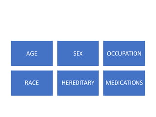 AGE SEX OCCUPATION
RACE HEREDITARY MEDICATIONS
 