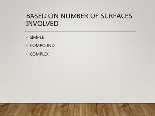 BASED ON NUMBER OF SURFACES
INVOLVED
• SIMPLE
• COMPOUND
• COMPLEX
 