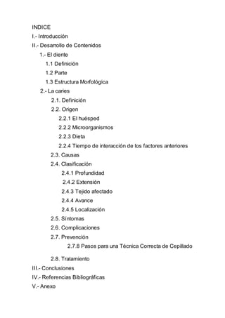 INDICE
I.- Introducción
II.- Desarrollo de Contenidos
1.- El diente
1.1 Definición
1.2 Parte
1.3 Estructura Morfológica
2.- La caries
2.1. Definición
2.2. Origen
2.2.1 El huésped
2.2.2 Microorganismos
2.2.3 Dieta
2.2.4 Tiempo de interacción de los factores anteriores
2.3. Causas
2.4. Clasificación
2.4.1 Profundidad
2.4.2 Extensión
2.4.3 Tejido afectado
2.4.4 Avance
2.4.5 Localización
2.5. Síntomas
2.6. Complicaciones
2.7. Prevención
2.7.8 Pasos para una Técnica Correcta de Cepillado
2.8. Tratamiento
III.- Conclusiones
IV.- Referencias Bibliográficas
V.- Anexo
 