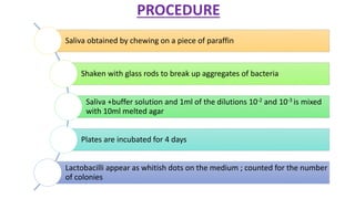 PROCEDURE
Saliva obtained by chewing on a piece of paraffin
Shaken with glass rods to break up aggregates of bacteria
Saliva +buffer solution and 1ml of the dilutions 10-2 and 10-3 is mixed
with 10ml melted agar
Plates are incubated for 4 days
Lactobacilli appear as whitish dots on the medium ; counted for the number
of colonies
 
