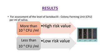 RESULTS
• For assessment of the level of lactobacilli : Colony Forming Unit (CFU)
per ml of saliva.
•High risk valueMore than
10 5 CFU /ml
•Low risk valueLess than
10 4 CFU /ml
 