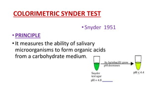 COLORIMETRIC SYNDER TEST
•Snyder 1951
• PRINCIPLE
• It measures the ability of salivary
microorganisms to form organic acids
from a carbohydrate medium.
 