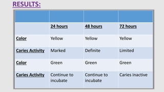 RESULTS:
24 hours 48 hours 72 hours
Color Yellow Yellow Yellow
Caries Activity Marked Definite Limited
Color Green Green Green
Caries Activity Continue to
incubate
Continue to
incubate
Caries inactive
 