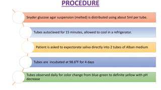 PROCEDURE
Snyder glucose agar suspension (melted) is distributed using about 5ml per tube.
Tubes autoclaved for 15 minutes, allowed to cool in a refrigerator.
Patient is asked to expectorate saliva directly into 2 tubes of Alban medium
Tubes are incubated at 98.60F for 4 days
Tubes observed daily for color change from blue-green to definite yellow with pH
decrease
 