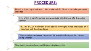 PROCEDURE:
Mouth is rinsed vigorously with 10 ml sterile milk for 30 seconds and expectorate
collected
3 ml of this is transferred to a screw cap tube with the help of a disposable
syringe
0.12 ml of 0.1% methylene blue is added, thoroughly mixed and placed on a
stand in a well illuminated area
Tubes are observed every 10 minutes for any color change at the bottom
using a mirror
Time taken for color change within 6mm ring is recorded
 