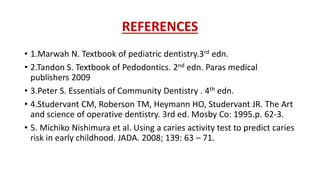 REFERENCES
• 1.Marwah N. Textbook of pediatric dentistry.3rd edn.
• 2.Tandon S. Textbook of Pedodontics. 2nd edn. Paras medical
publishers 2009
• 3.Peter S. Essentials of Community Dentistry . 4th edn.
• 4.Studervant CM, Roberson TM, Heymann HO, Studervant JR. The Art
and science of operative dentistry. 3rd ed. Mosby Co: 1995.p. 62-3.
• 5. Michiko Nishimura et al. Using a caries activity test to predict caries
risk in early childhood. JADA. 2008; 139: 63 – 71.
 