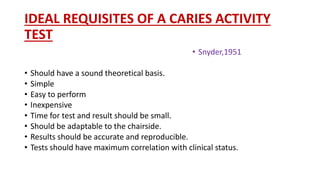 IDEAL REQUISITES OF A CARIES ACTIVITY
TEST
• Snyder,1951
• Should have a sound theoretical basis.
• Simple
• Easy to perform
• Inexpensive
• Time for test and result should be small.
• Should be adaptable to the chairside.
• Results should be accurate and reproducible.
• Tests should have maximum correlation with clinical status.
 