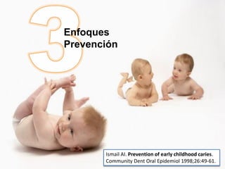 Enfoques
Prevención




       Ismail AI. Prevention of early childhood caries.
       Community Dent Oral Epidemiol 1998;26:49-61.
 
