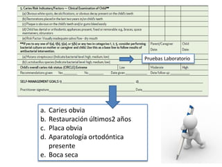 Pruebas Laboratorio




a. Caries obvia
b. Restauración últimos2 años
c. Placa obvia
d. Aparatología ortodóntica
   presente
e. Boca seca
 