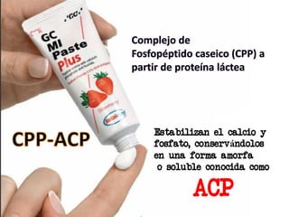 Estabilizan el calcio y
fosfato, conservándolos
en una forma amorfa
 o soluble conocida como

        ACP
 