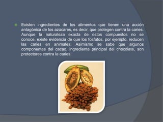 Existen ingredientes de los alimentos que tienen una acción antagónica de los azúcares, es decir, que protegen contra la caries. Aunque la naturaleza exacta de estos compuestos no se conoce, existe evidencia de que los fosfatos, por ejemplo, reducen las caries en animales. Asimismo se sabe que algunos componentes del cacao, ingrediente principal del chocolate, son protectores contra la caries.