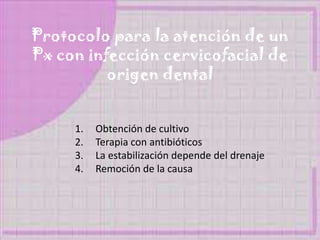 Protocolo para la atención de un
Px con infección cervicofacial de
origen dental
1. Obtención de cultivo
2. Terapia con antibióticos
3. La estabilización depende del drenaje
4. Remoción de la causa
 