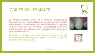 CARIES DEL ESMALTE
• La primera evidencia clínica de la caries de esmalte es la
formación de una mancha blanca que se distingue del esmalte
sano al secar la superficie la cual tiene birrefringencia negativa
un poco mayor que la de el normal . Su porosidad es de 1% y
1.5%. Se observa que los poros son mas pequeños conforme se
profundiza en la lesión.
• Después se observa una zona obscura, consecuencia del
fenómeno de Remineralización; su porosidad es de 2 a 4% y la
pérdida mineral es de 5 a 8%.
CARIES DENTAL 20
 
