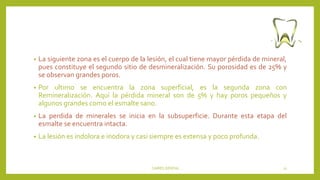 • La siguiente zona es el cuerpo de la lesión, el cual tiene mayor pérdida de mineral,
pues constituye el segundo sitio de desmineralización. Su porosidad es de 25% y
se observan grandes poros.
• Por ultimo se encuentra la zona superficial, es la segunda zona con
Remineralización. Aquí la pérdida mineral son de 5% y hay poros pequeños y
algunos grandes como el esmalte sano.
• La perdida de minerales se inicia en la subsuperficie. Durante esta etapa del
esmalte se encuentra intacta.
• La lesión es indolora e inodora y casi siempre es extensa y poco profunda.
CARIES DENTAL 21
 