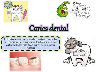 La caries es una enfermedad destructiva de las 
estructuras del diente y es también una de las 
enfermedades más frecuentes de la especie 
humana 
 