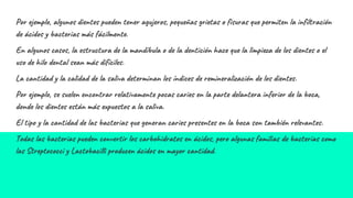 Por ejemplo, algunos dientes pueden tener agujeros, pequeñas grietas o fisuras que permiten la infiltración
de ácidos y bacterias más fácilmente.
En algunos casos, la estructura de la mandíbula o de la dentición hace que la limpieza de los dientes o el
uso de hilo dental sean más difíciles.
La cantidad y la calidad de la saliva determinan los índices de remineralización de los dientes.
Por ejemplo, se suelen encontrar relativamente pocas caries en la parte delantera inferior de la boca,
donde los dientes están más expuestos a la saliva.
El tipo y la cantidad de las bacterias que generan caries presentes en la boca son también relevantes.
Todas las bacterias pueden convertir los carbohidratos en ácidos, pero algunas familias de bacterias como
las Streptococci y Lactobacilli producen ácidos en mayor cantidad.
 
