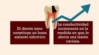 El diente sano
constituye un buen
aislante eléctrico
La conductividad
incrementa en la
medida en que lo
afecta una lesión
cariosa.
 