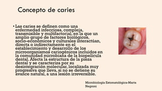 Concepto de caries
• Las caries se definen como una
enfermedad infecciosa, compleja,
transmisible y multifactorial, en la que un
amplio grupo de factores biológicos,
socio-económicos y culturales interactúan,
directa o indirectamente en el
establecimiento y desarrollo de los
microorganismos cariogénicos incluidos en
la comunidad microbiana de la biopelícula
dental. Afecta la estructura de la pieza
dental y se caracteriza por su
desintegración molecular, localizada muy
progresiva que lleva, si no se detiene su
avance natural, a una lesión irreversible.
Microbiología Estomatológica-Marta
Negroni
 