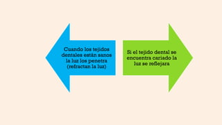 Cuando los tejidos
dentales están sanos
la luz los penetra
(refractan la luz)
Si el tejido dental se
encuentra cariado la
luz se reflejara
 