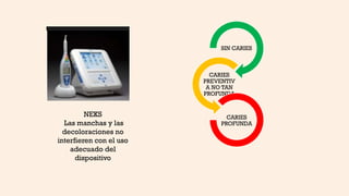 SIN CARIES
CARIES
PREVENTIV
A NO TAN
PROFUNDA
CARIES
PROFUNDA
NEKS
Las manchas y las
decoloraciones no
interfieren con el uso
adecuado del
dispositivo
 