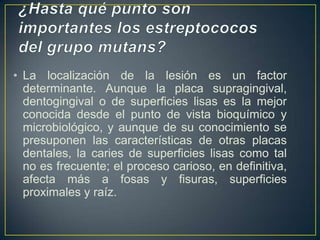 • La localización de la lesión es un factor
determinante. Aunque la placa supragingival,
dentogingival o de superficies lisas es la mejor
conocida desde el punto de vista bioquímico y
microbiológico, y aunque de su conocimiento se
presuponen las características de otras placas
dentales, la caries de superficies lisas como tal
no es frecuente; el proceso carioso, en definitiva,
afecta más a fosas y fisuras, superficies
proximales y raíz.
 