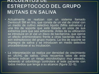 • Actualmente se realizan con un sistema llamado
Dentocult SM en tira, que consta de un vial de cristal con
un medio de cultivo selectivo liquido (Mitis salivarius) y
una tira de soporte que está tratada en unos de sus
extremos para que sea adherente. Antes de su utilización
se introduce en el vial un disco de bacitarcina, que ejerce
un efecto antimicrobiano frente a otras bacterias que no
son estreptococo del grupo mutans. La tira de soporte se
impregna de saliva y se introducen en medio selectivo
procediéndose al su incubación.
• La interpretación se realiza por densidad de crecimiento
en ufc/mL de saliva. Unos recuentos latos de esta
bacteria indican un riesgo microbiológico muy elevado,
debiendo el odontólogo controlara al este paciente con
todos medios que tenga a su alcance (figura 32- 6).
 