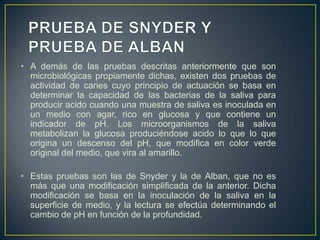 • A demás de las pruebas descritas anteriormente que son
microbiológicas propiamente dichas, existen dos pruebas de
actividad de caries cuyo principio de actuación se basa en
determinar la capacidad de las bacterias de la saliva para
producir acido cuando una muestra de saliva es inoculada en
un medio con agar, rico en glucosa y que contiene un
indicador de pH. Los microorganismos de la saliva
metabolizan la glucosa produciéndose acido lo que lo que
origina un descenso del pH, que modifica en color verde
original del medio, que vira al amarillo.
• Estas pruebas son las de Snyder y la de Alban, que no es
más que una modificación simplificada de la anterior. Dicha
modificación se basa en la inoculación de la saliva en la
superficie de medio, y la lectura se efectúa determinando el
cambio de pH en función de la profundidad.
 