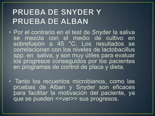 • Por el contrario en el test de Snyder la saliva
se mezcla con el medio de cultivo en
sobrefusión a 45 °C. Los resultados se
correlacionan con los niveles de lactobacillus
spp. en saliva, y son muy útiles para evaluar
los progresos conseguidos por los pacientes
en programas de control de placa y dieta.
• Tanto los recuentos microbianos, como las
pruebas de Alban y Snyder son eficaces
para facilitar la motivación del paciente, ya
que se pueden <<ver>> sus progresos.
 