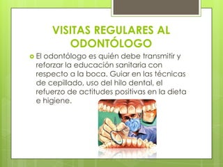 VISITAS REGULARES AL
          ODONTÓLOGO
 Elodontólogo es quién debe transmitir y
  reforzar la educación sanitaria con
  respecto a la boca. Guiar en las técnicas
  de cepillado, uso del hilo dental, el
  refuerzo de actitudes positivas en la dieta
  e higiene.
 