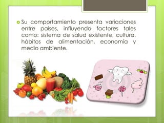  Sucomportamiento presenta variaciones
 entre países, influyendo factores tales
 como: sistema de salud existente, cultura,
 hábitos de alimentación, economía y
 medio ambiente.
 