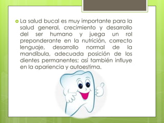  Lasalud bucal es muy importante para la
 salud general, crecimiento y desarrollo
 del ser humano y juega un rol
 preponderante en la nutrición, correcto
 lenguaje, desarrollo normal de la
 mandíbula, adecuada posición de los
 dientes permanentes; así también influye
 en la apariencia y autoestima.
 