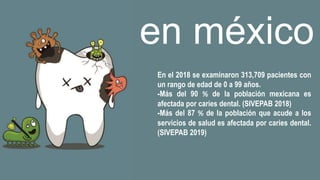 en méxico
-
En el 2018 se examinaron 313,709 pacientes con
un rango de edad de 0 a 99 años.
-Más del 90 % de la población mexicana es
afectada por caries dental. (SIVEPAB 2018)
-Más del 87 % de la población que acude a los
servicios de salud es afectada por caries dental.
(SIVEPAB 2019)
 