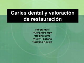 Caries dental y valoración
     de restauración
          Integrantes:
        *Alexandra May
         *Regina Sima
        *Nicky Toscano
        *Cristina Novelo
 