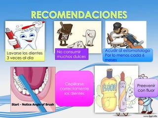 Lavarse los dientes
3 veces al dia

No consumir
muchos dulces

Cepillarse
correctamente
los dientes

Acudir al estomatologo
Por lo menos cada 6
meses

Preevenir
con fluor

 
