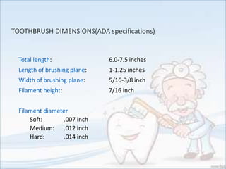 TOOTHBRUSH DIMENSIONS(ADA specifications)
Total length: 6.0-7.5 inches
Length of brushing plane: 1-1.25 inches
Width of brushing plane: 5/16-3/8 inch
Filament height: 7/16 inch
Filament diameter
Soft: .007 inch
Medium: .012 inch
Hard: .014 inch
 