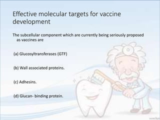 Effective molecular targets for vaccine
development
The subcellular component which are currently being seriously proposed
as vaccines are
(a) Glucosyltransferases (GTF)
(b) Wall associated proteins.
(c) Adhesins.
(d) Glucan- binding protein.
 