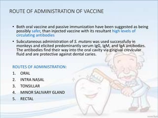 ROUTE OF ADMINISTRATION OF VACCINE
• Both oral vaccine and passive immunization have been suggested as being
possibly safer, than injected vaccine with its resultant high levels of
circulating antibodies
• Subcutaneous administration of S. mutans was used successfully in
monkeys and elicited predominantly serum IgG, IgM, and IgA antibodies.
The antibodies find their way into the oral cavity via gingival crevicular
fluid and are protective against dental caries.
ROUTES OF ADMINISTRATION:
1. ORAL
2. INTRA NASAL
3. TONSILLAR
4. MINOR SALIVARY GLAND
5. RECTAL
 