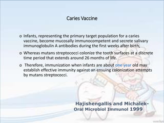 Caries Vaccine
o Infants, representing the primary target population for a caries
vaccine, become mucosally immunocompetent and secrete salivary
immunoglobulin A antibodies during the first weeks after birth,
o Whereas mutans streptococci colonize the tooth surfaces at a discrete
time period that extends around 26 months of life.
o Therefore, immunization when infants are about one year old may
establish effective immunity against an ensuing colonization attempts
by mutans streptococci.
Hajishengallis and Michalek-
Oral Microbiol Immunol 1999
 