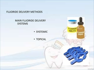 FLUORIDE DELIVERY METHODS
MAIN FLUORIDE DELIVERY
SYSTEMS
• SYSTEMIC
• TOPICAL
 