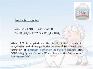 Mechanism of action
Ca10(P04)6 + NaF CaHP04.2H20
CaHP04.2H20 + F- Ca5 (P04)3F + HP04
When APF is applied on the teeth, initially leads to
dehydration and shrinkage in the volume of HA crystals and
formation of dicalcium phosphate di hydrate (DCPD). This
DCPD is highly reactive with "F" and leads to the formation of
Fluorapatite "FA"
 