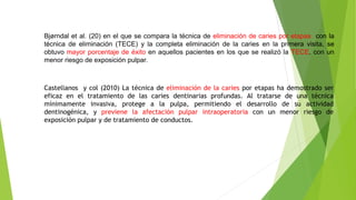Castellanos y col (2010) La técnica de eliminación de la caries por etapas ha demostrado ser
eficaz en el tratamiento de las caries dentinarias profundas. Al tratarse de una técnica
mínimamente invasiva, protege a la pulpa, permitiendo el desarrollo de su actividad
dentinogénica, y previene la afectación pulpar intraoperatoria con un menor riesgo de
exposición pulpar y de tratamiento de conductos.
Bjørndal et al. (20) en el que se compara la técnica de eliminación de caries por etapas con la
técnica de eliminación (TECE) y la completa eliminación de la caries en la primera visita, se
obtuvo mayor porcentaje de éxito en aquellos pacientes en los que se realizó la TECE, con un
menor riesgo de exposición pulpar.
 